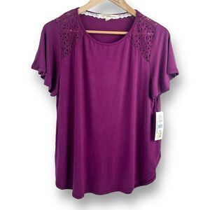 Rewind Women's L Short Sleeve Rounded Hem Tee Lace Inset Cranberry Purple‎ New